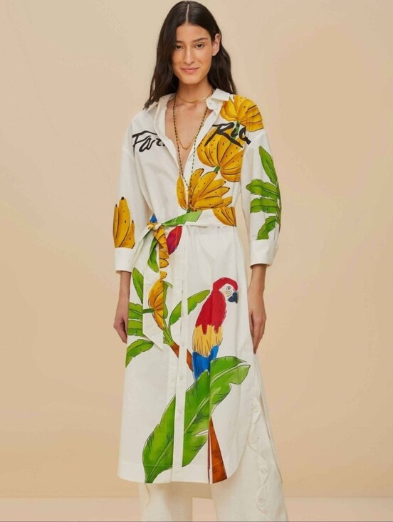 FARM Rio Dresses & Skirts - FARM RIO Off-White Tropical Parrot &Banana Organic Cotton Chemise Midi Dress NWT